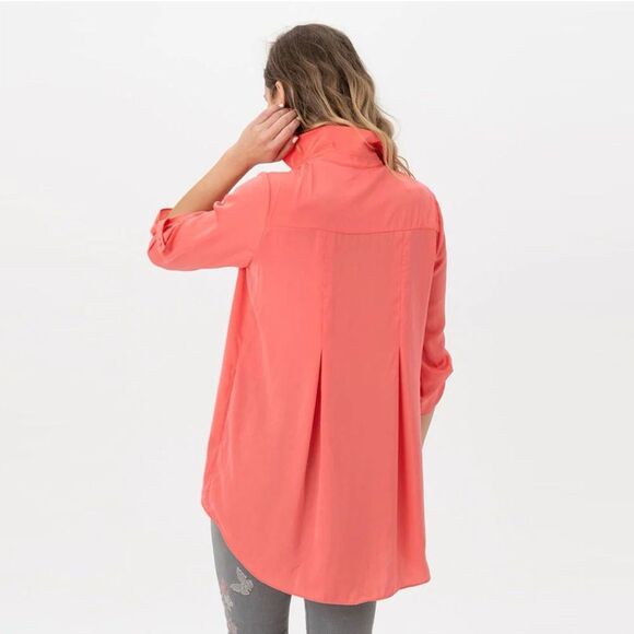 Renuar Splice Neckline Collared Long Sleeve Satin Blouse in Coral Size L - Picture 2 of 8